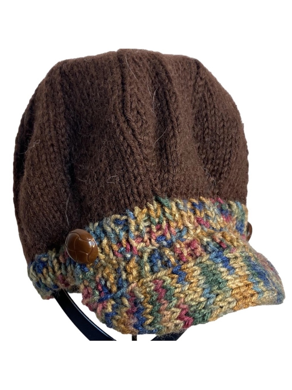 Brown Knit Crochet Newsboy Baker Boy Cap Hat Brim Buttons Granny Grannycore